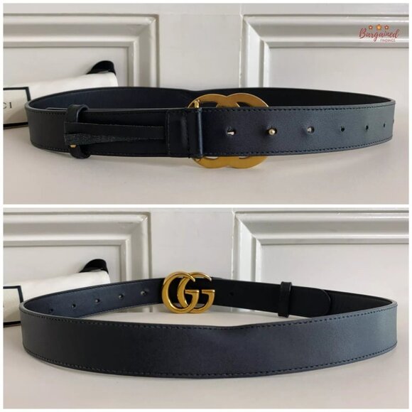 Authentic Gucci Black Calfskin Leather Gold Double G Buckle Slim Belt 80/32 main image 4